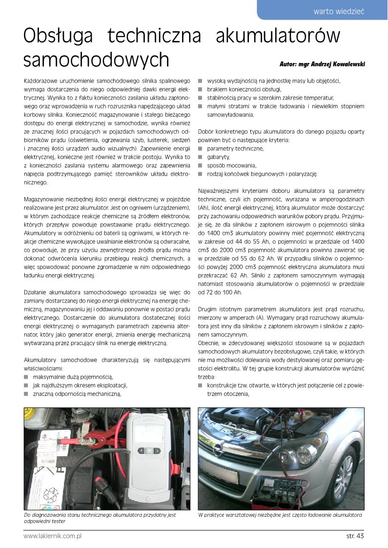 Obsługa techniczna akumulatorów samochodowych Nr 12 2015